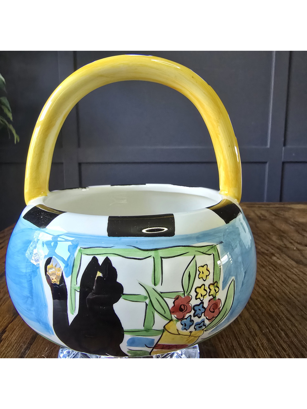 Hausenware Ceramic Basket Cat Floral Design Blue Yellow Decorative Storage Bowl